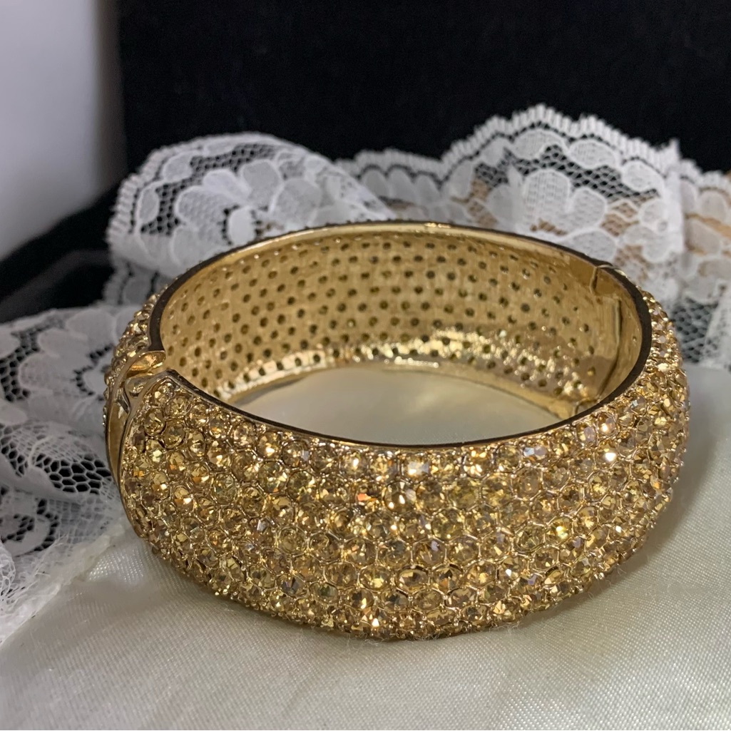 Citrine Crystal Wide Hinged Chunky Bangle Bracelet Gold Tone